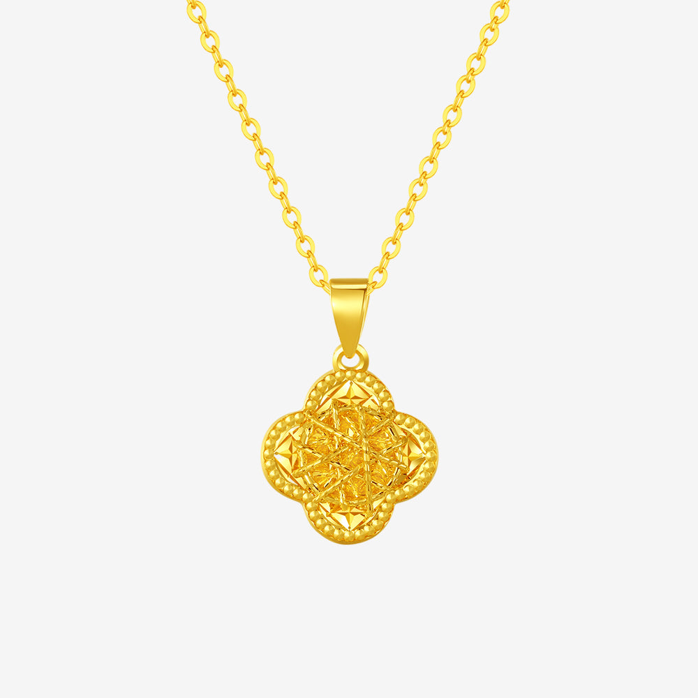 24K Gold Hollow Brushed Sugar Cube Clover Pendant