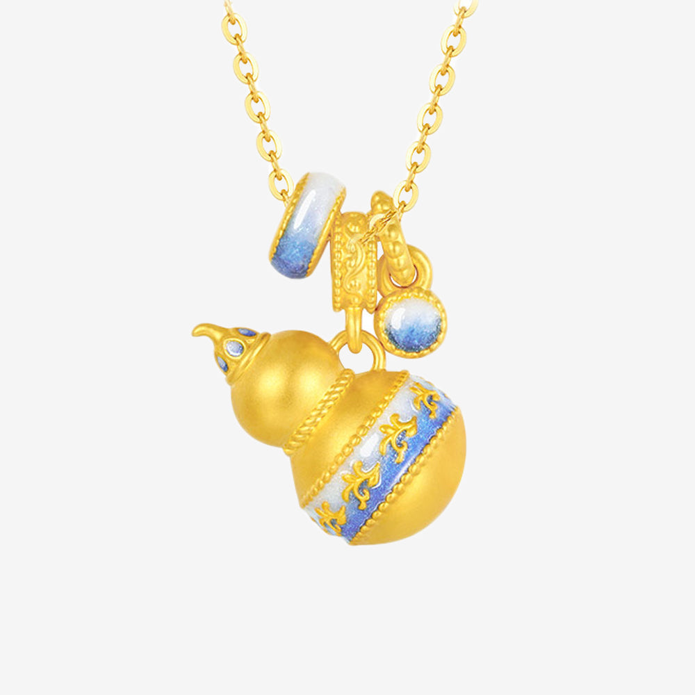 Chinese Cultural Relics Series 24K Gold Luminous Enamel Blue and White Calabash Gourd Pendant