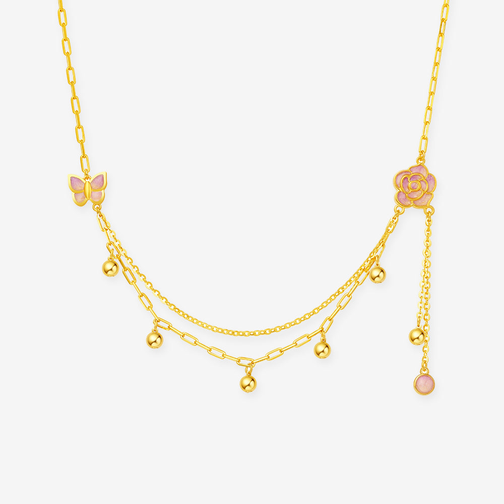Monet Garden Series 24K Gold Camellia Butterfly Double Chain Necklace