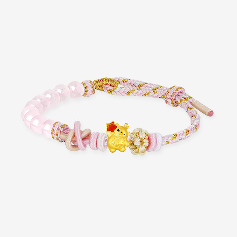 24K gold enamel red star sprout bear charm bracelet — white background product shot, pink rose quartz beads with gold-pink braided cord and star enamel bear pendant — SKU G1QB004576Y