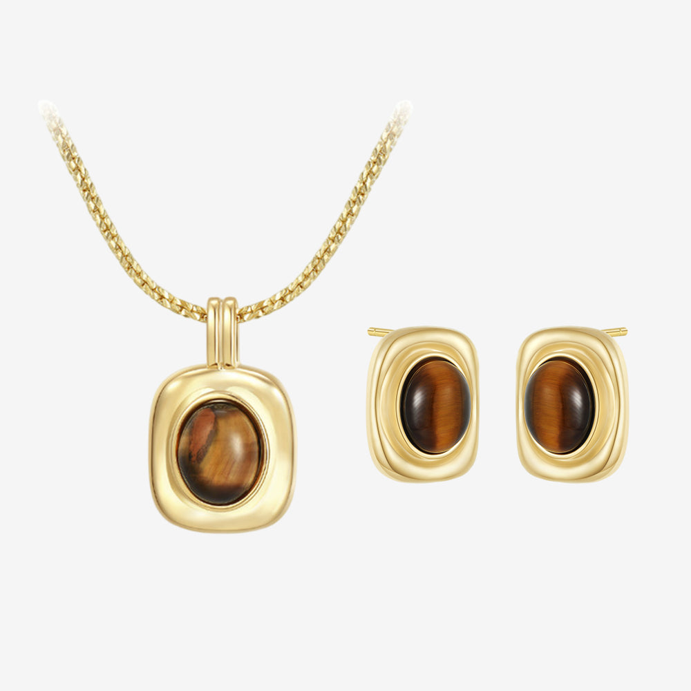S925 Silver Alloy Tiger Eye Stone Vintage Style Jewelry Set - Neckalce Earrings
