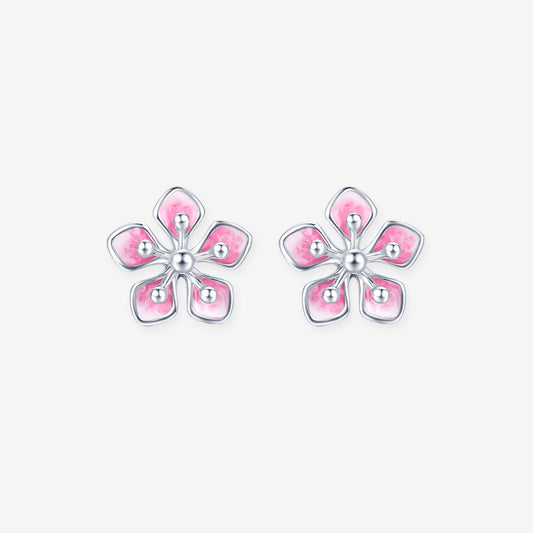 Pt950 Platinum Enamel Peach Blossom Flower Earrings