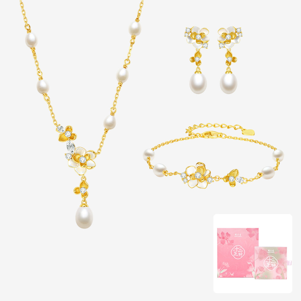 S925 Silver Pearl Elegant Jasmine Flower Jewelry Set - Earrings Necklace Bracelet