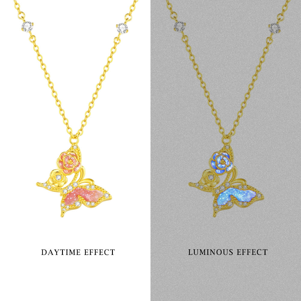 S925 Silver Luminous Enamel Rose Butterfly Necklace
