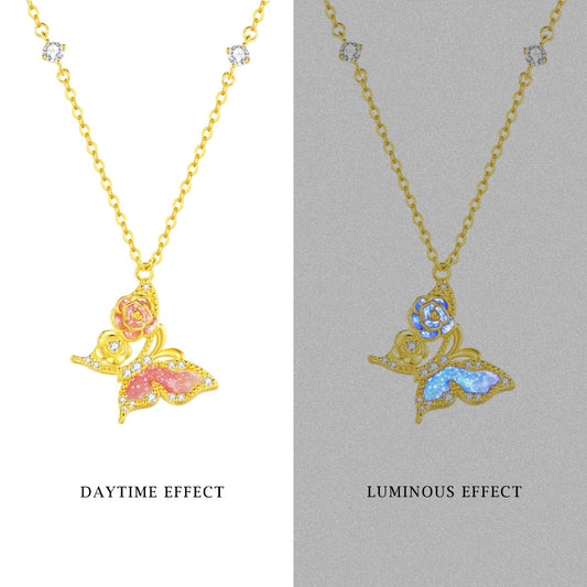 S925 Silver Luminous Enamel Rose Butterfly Necklace
