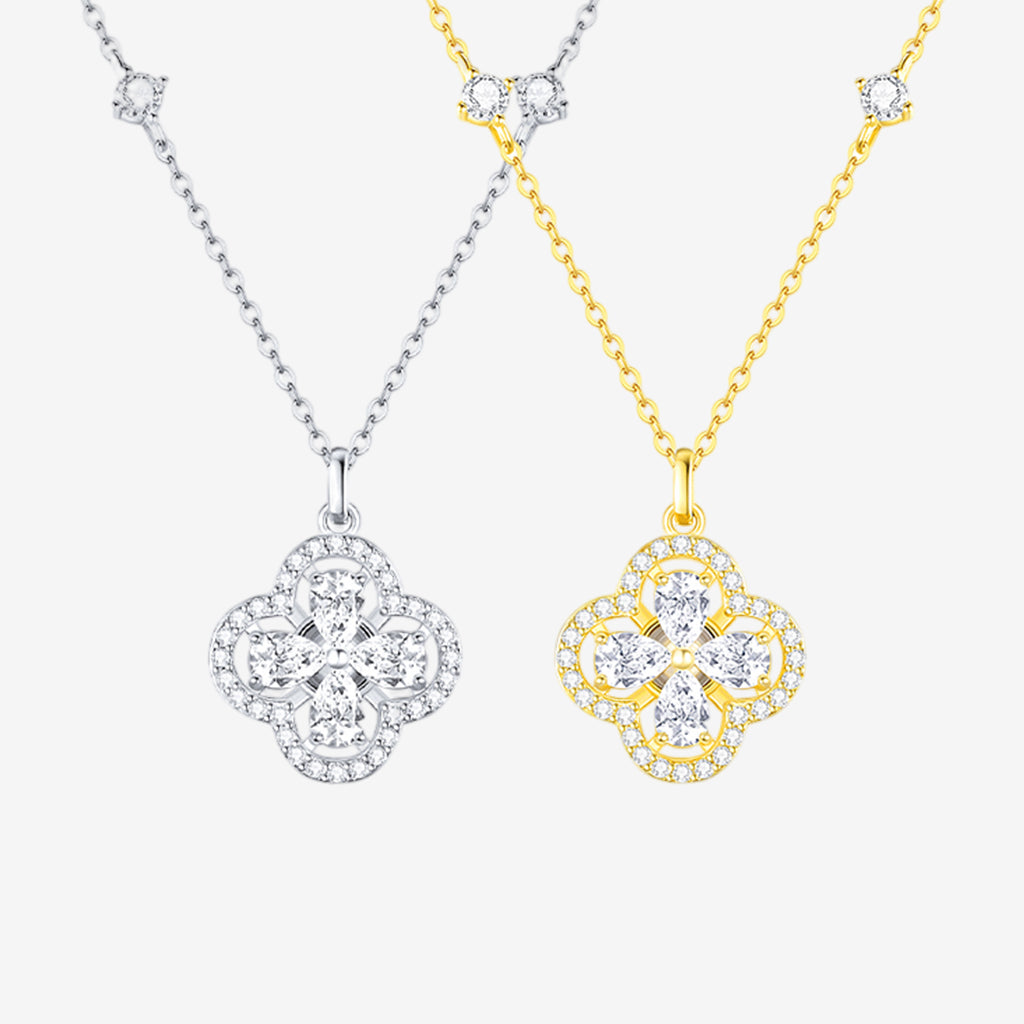 S925 Silver Zircon Double-sided Rotatable Lucky Clover Necklace