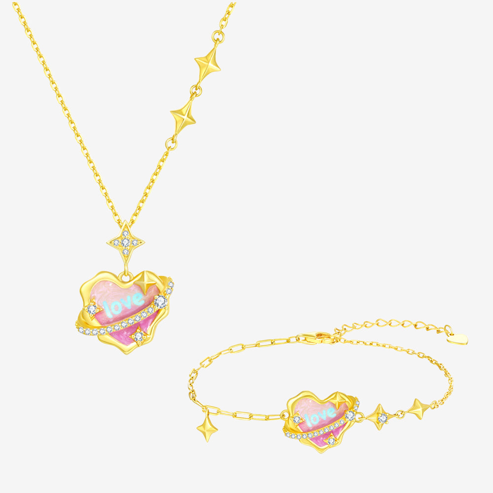 S925 Silver Secret Words Luminous Enamel Heart Planet Jewelry Set - Necklace Bracelet