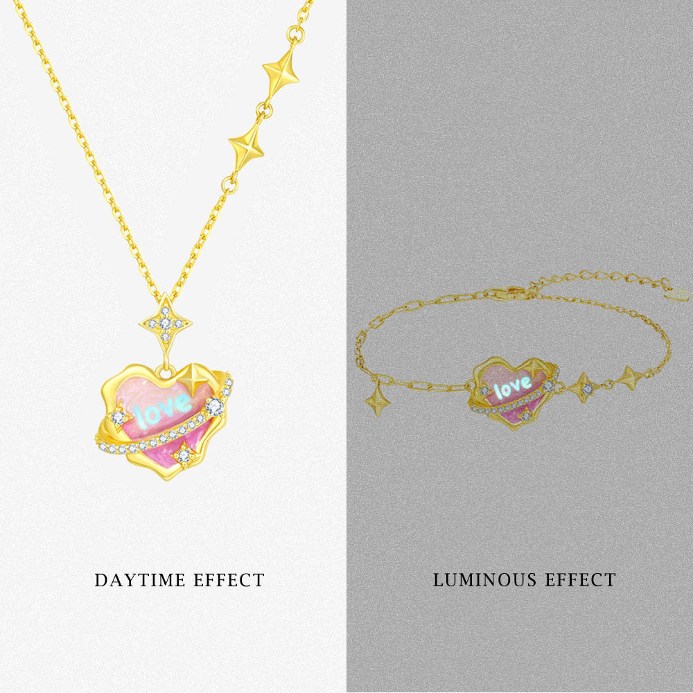 S925 Silver Secret Words Luminous Enamel Heart Planet Jewelry Set - Necklace Bracelet