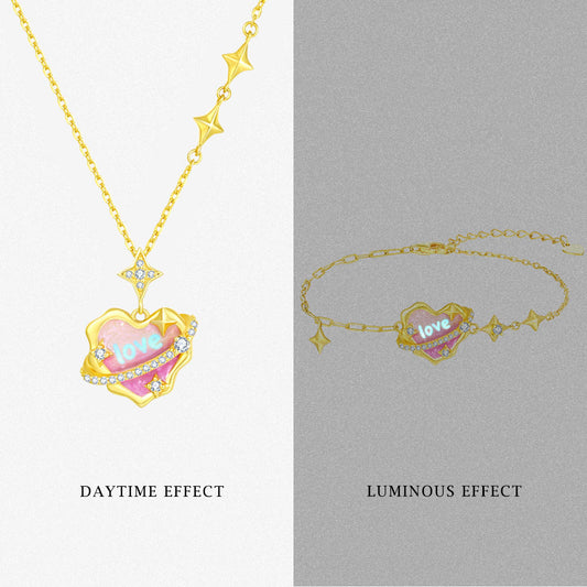 S925 Silver Secret Words Luminous Enamel Heart Planet Jewelry Set - Necklace Bracelet