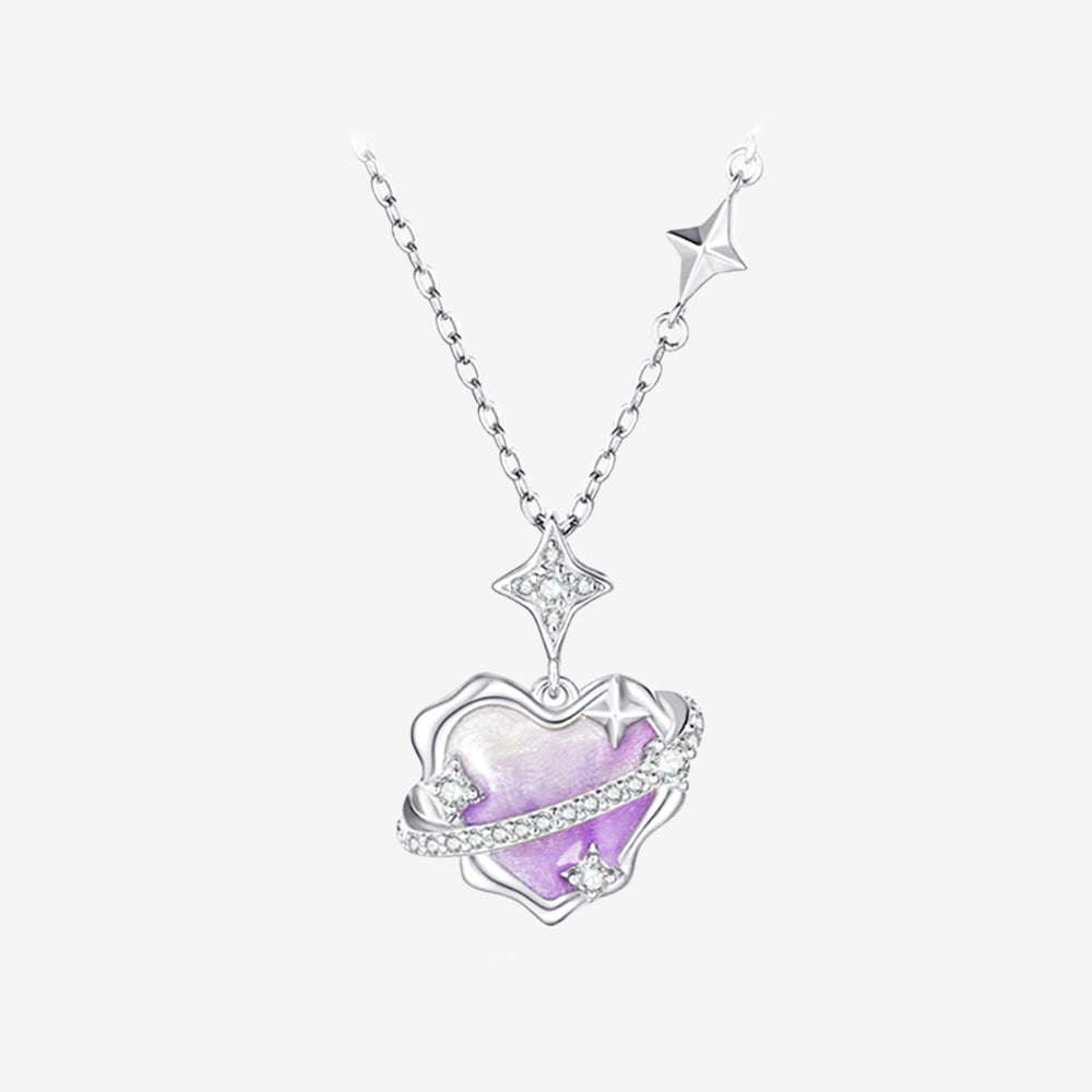 S925 Silver Secret Words Luminous Enamel Heart Planet Jewelry Set - Necklace Bracelet