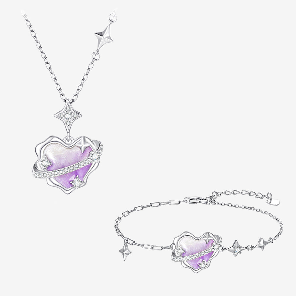 S925 Silver Secret Words Luminous Enamel Heart Planet Jewelry Set - Necklace Bracelet