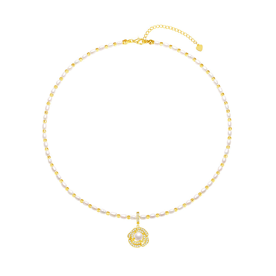 S925 Silver Pearl Camellia Double Layer Necklace