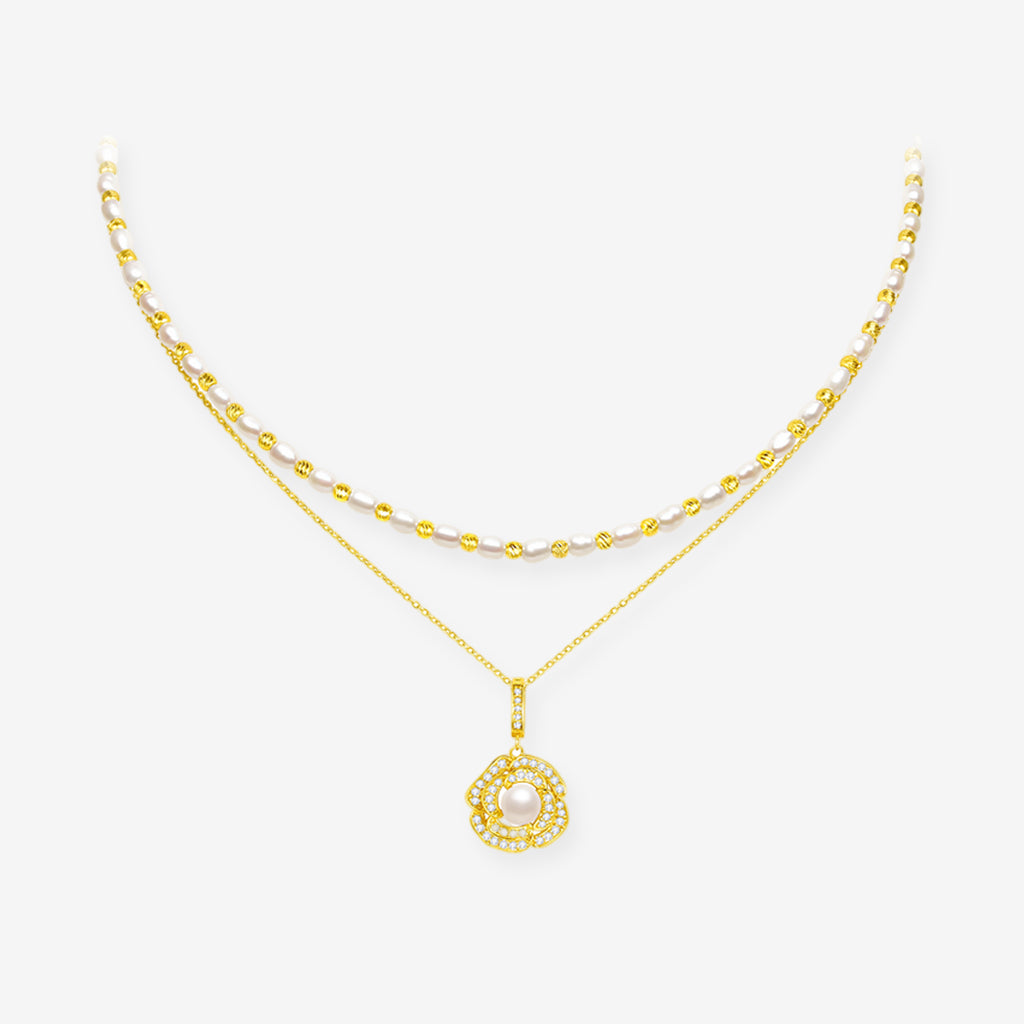 S925 Silver Pearl Camellia Double Layer Necklace