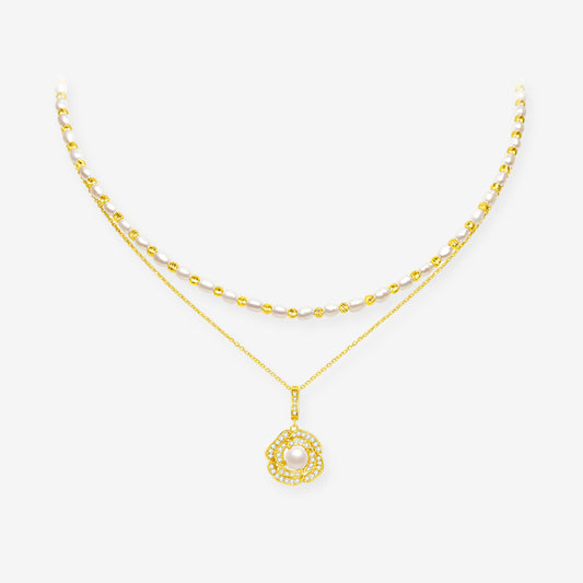 S925 Silver Pearl Camellia Double Layer Necklace