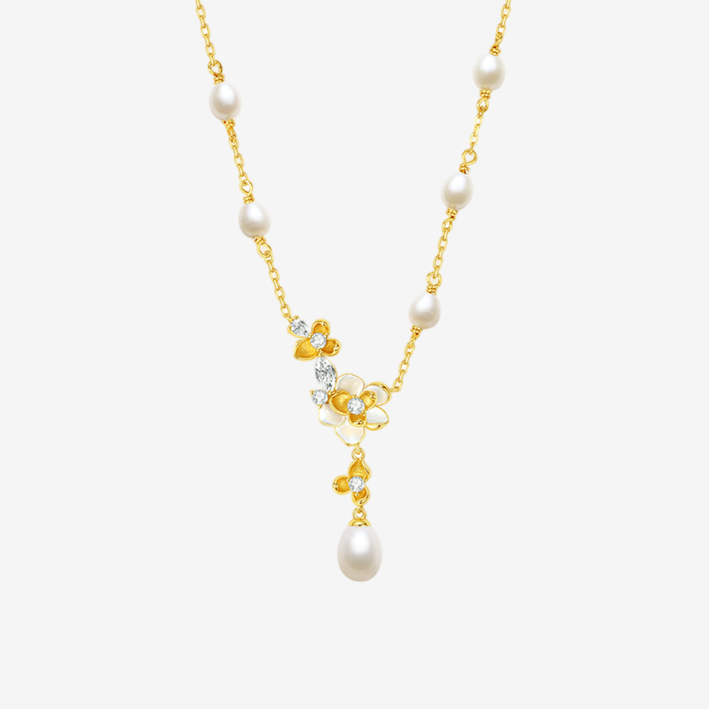 S925 Silver Pearl Elegant Jasmine Flower Jewelry Set - Earrings Necklace Bracelet