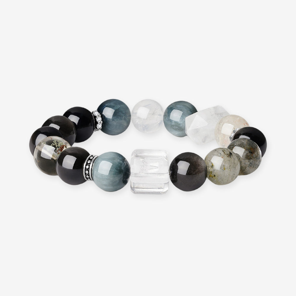 S925 Silver Natural Obsidian Crystal Beaded Men's Bracelet