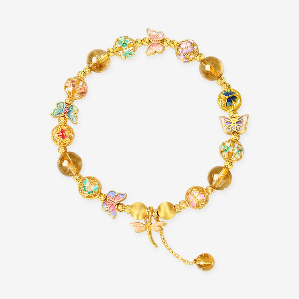 S925 Silver Dragonfly Butterfly Embroidery Ball Citrine Beaded Bracelet