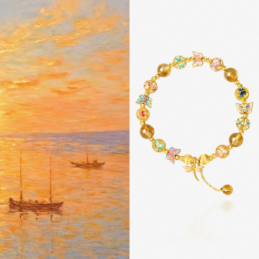 S925 Silver Dragonfly Butterfly Embroidery Ball Citrine Beaded Bracelet