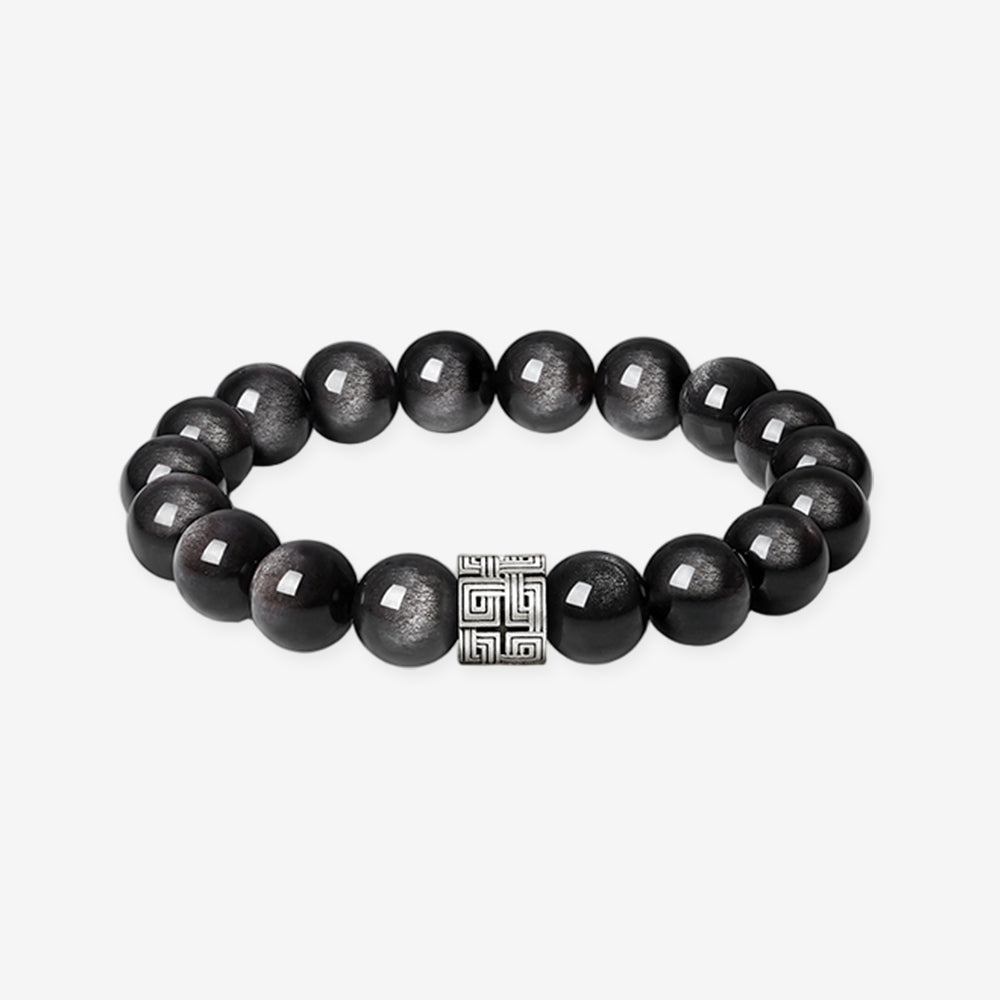 S925 Silver Obsidian Blessing Charm Beaded Men's Bracelet