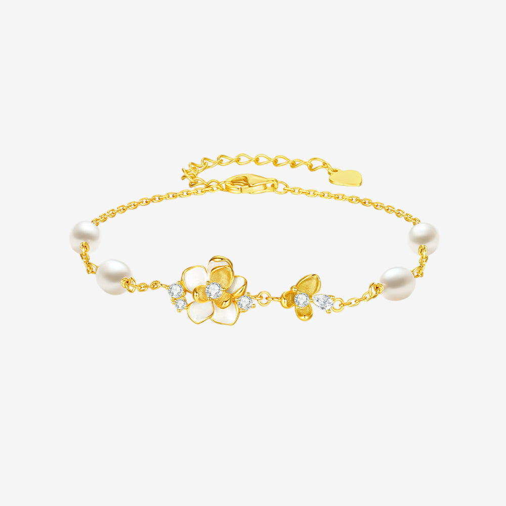 S925 Silver Pearl Elegant Jasmine Flower Jewelry Set - Earrings Necklace Bracelet