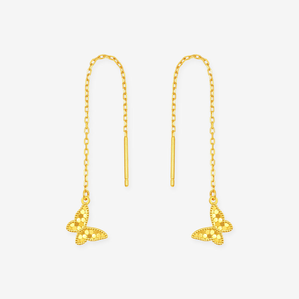 Gold-plated silver butterfly threader earrings with faceted wings, beaded edges and fine chain drops