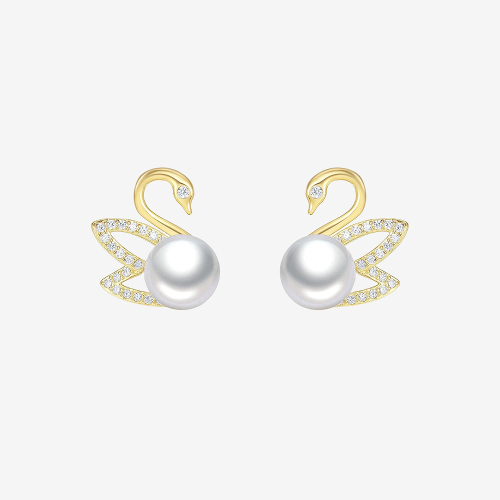 Gold Plated Silver Pearl Zircon Golden Swan Necklace Earrings