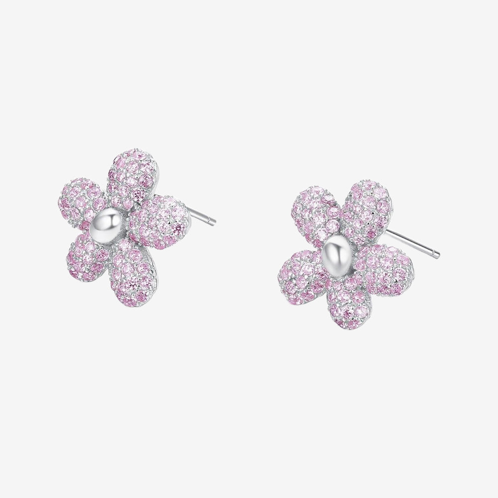 S925 Silver Zircon Pink Flower Stud Earrings