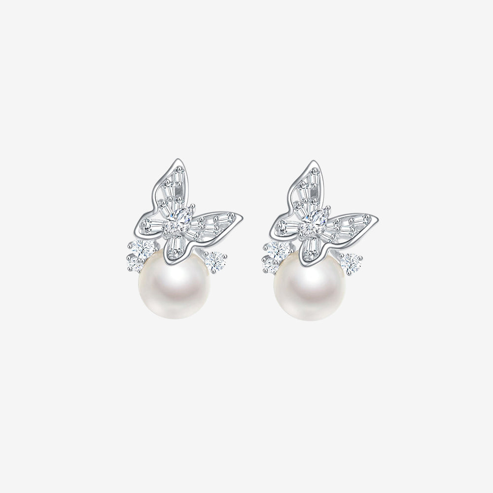 Silver Butterfly Luxury Fashion Pearl Necklace & Earrings Set