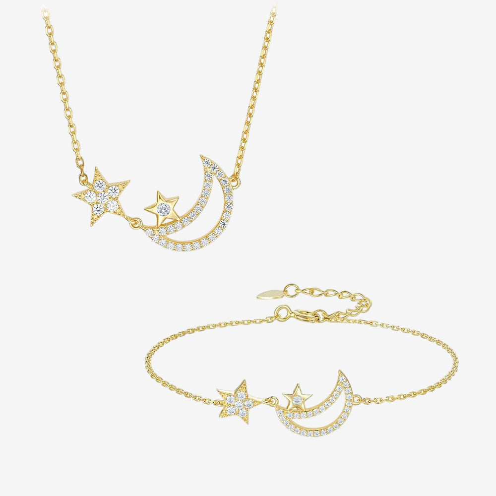 S925 Silver Star and Moon Jewelry Set - Necklace Bracelet