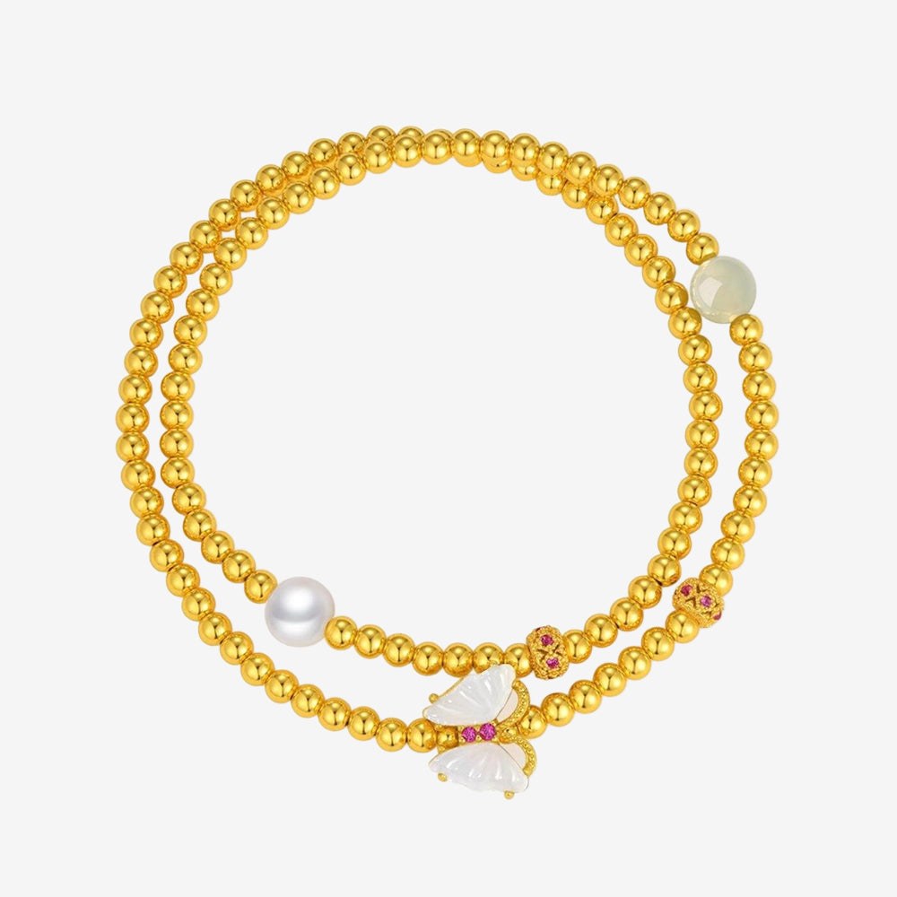S925 Silver Pearl Hetian Jade Butterfly Layered Bracelet