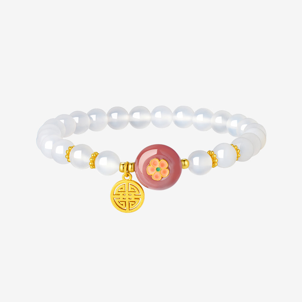 S925 Silver Pink Persimmon White Chalcedony Beaded Bracelet