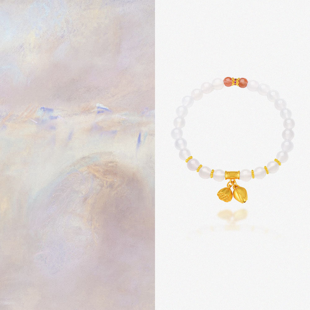 S925 Silver Lotus and Pod White Chalcedony Beaded Bracelet