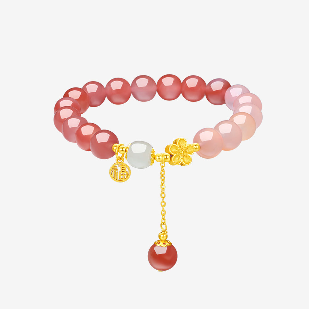 925 Silver Peach Blossom Flower Pink Agate Beaded Bracelet