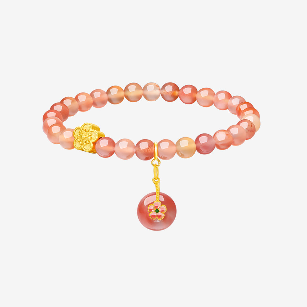 925 Silver Peach Blossom Flower Pink Agate Beaded Bracelet