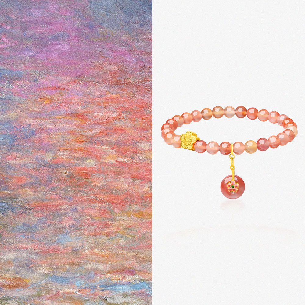 S925 Silver Peach Blossom Flower Pink Agate Beaded Bracelet