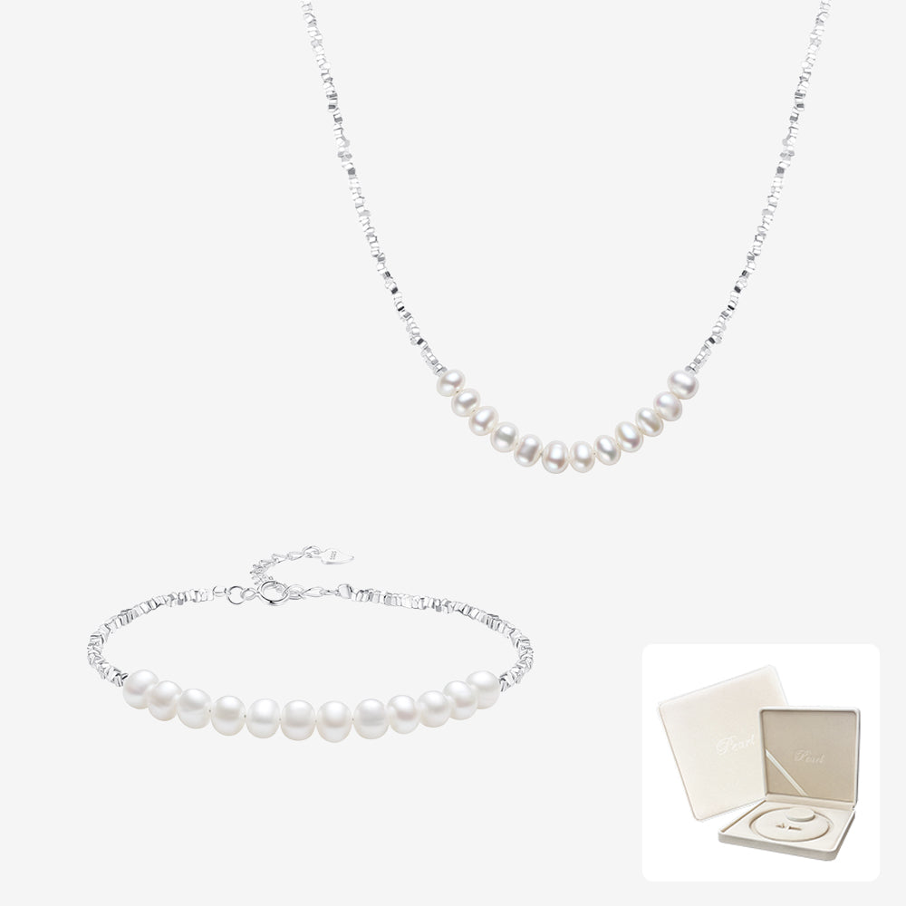 S925 Silver Small Cube Pearl Jewelry Set