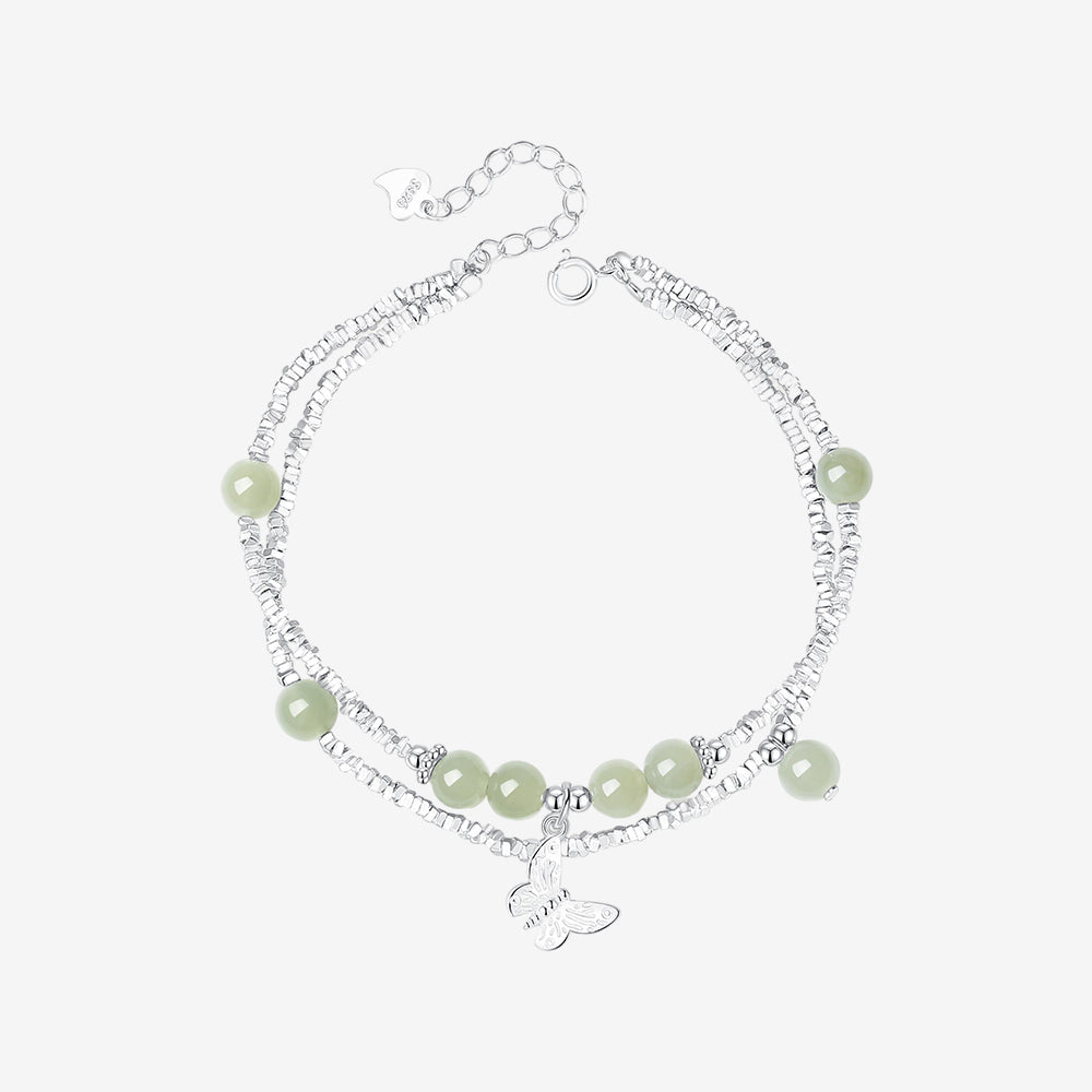 S925 Silver Hetian Jade Bead Butterfly Jewelry Set - Necklace Bracelet