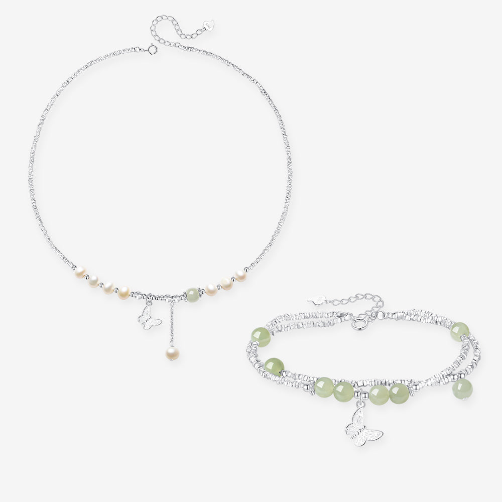 S925 Silver Hetian Jade Bead Butterfly Jewelry Set - Necklace Bracelet