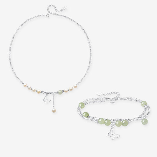 S925 Silver Hetian Jade Bead Butterfly Jewelry Set - Necklace Bracelet