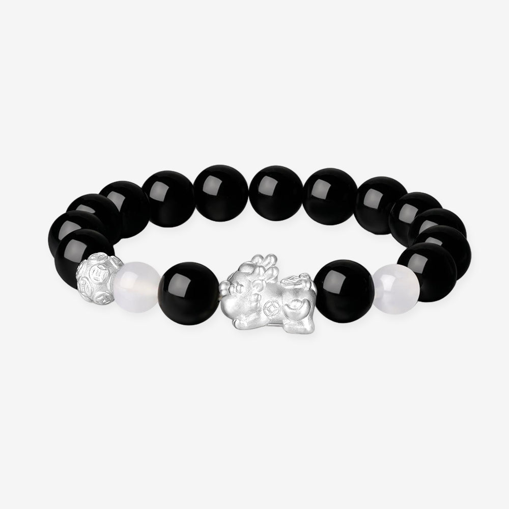 925 Silver Pixiu Chalcedony Agate Couple Beaded Bracelet