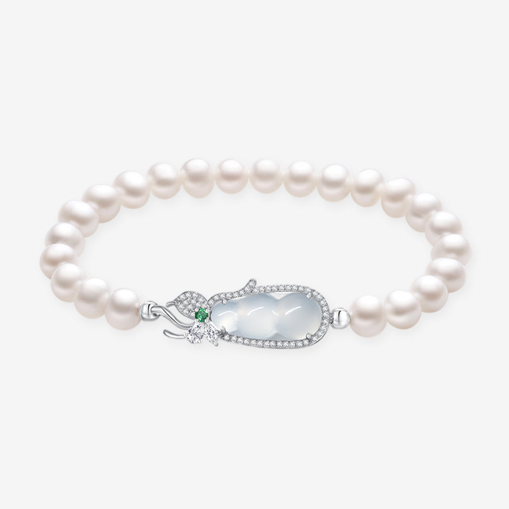 S925 Silver Chalcedony Lucky Bean Calabash Gourd Pearl Beaded Bracelet