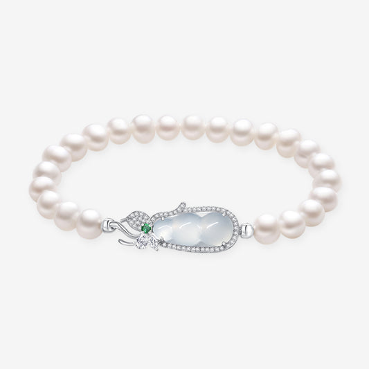 S925 Silver Chalcedony Lucky Bean Calabash Gourd Pearl Beaded Bracelet