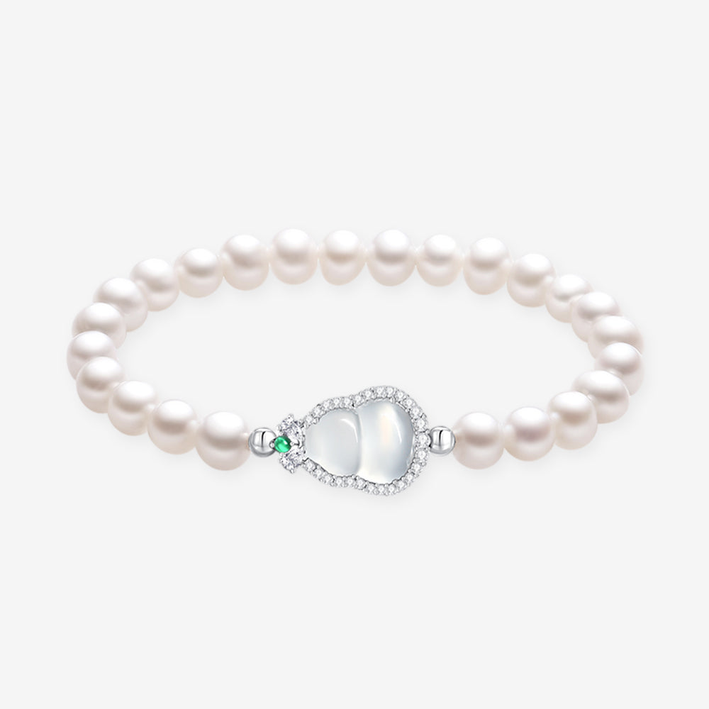 S925 Silver Chalcedony Lucky Bean Calabash Gourd Pearl Beaded Bracelet