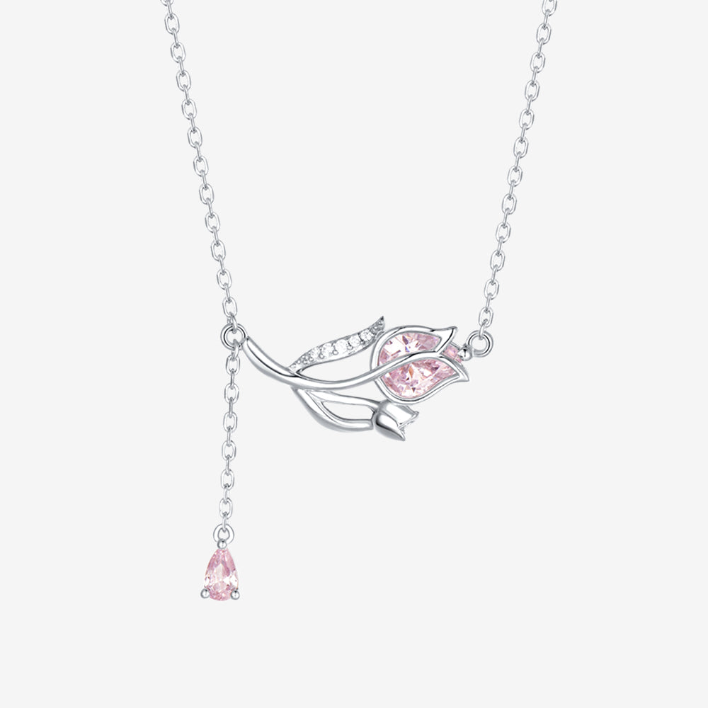 S925 Silver Zircon Pink Rose Necklace