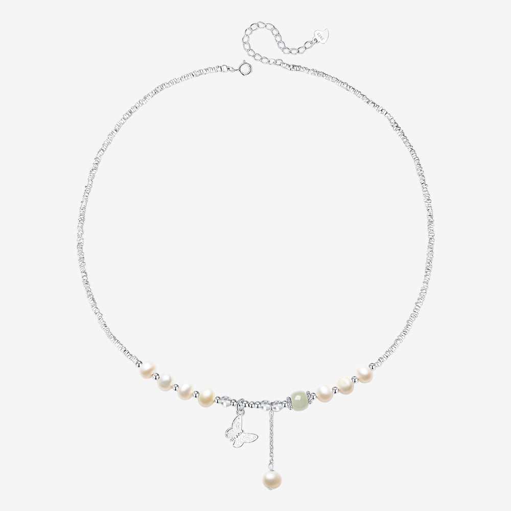 S925 Silver Hetian Jade Bead Butterfly Jewelry Set - Necklace Bracelet