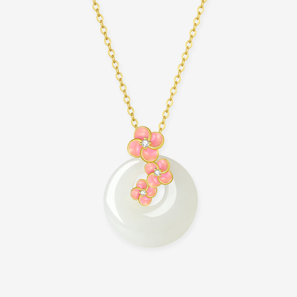 S925 Silver Peach Blossom Hetian Jade Ping An Buckle Necklace