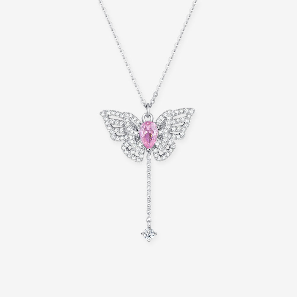 S925 Silver Zircon Purple Pink Wings Movable Butterfly Necklace