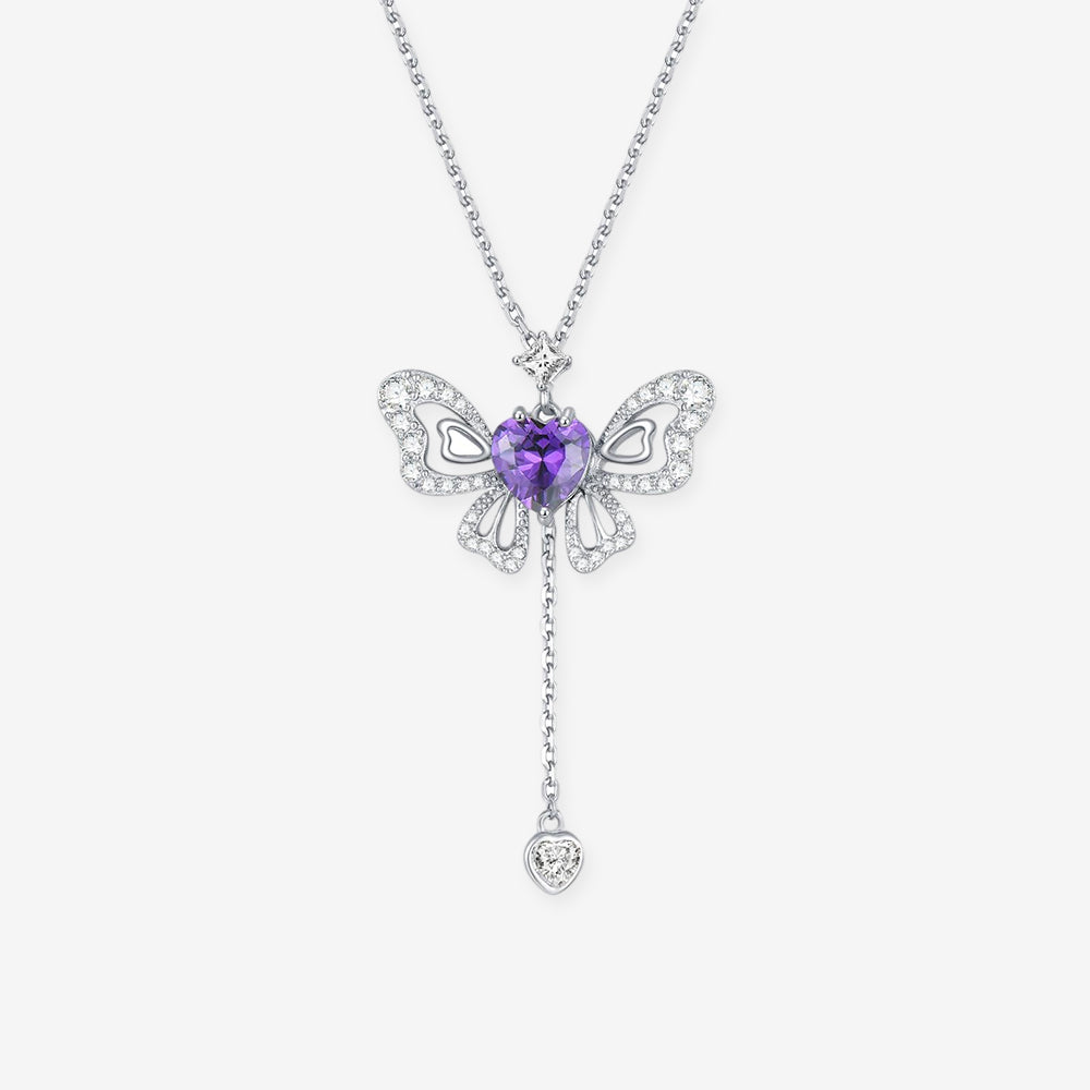 S925 Silver Zircon Purple Pink Wings Movable Butterfly Necklace