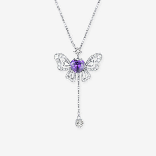 S925 Silver Zircon Purple Pink Wings Movable Butterfly Necklace