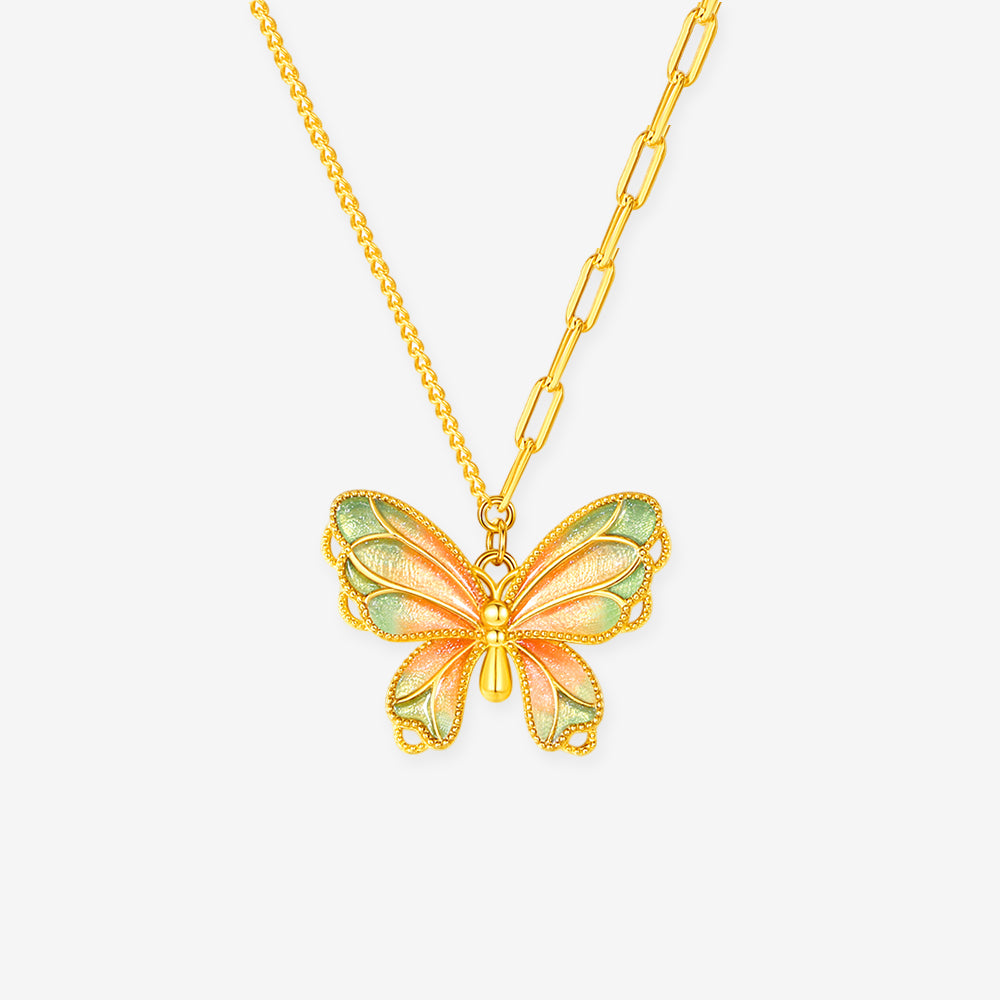 S925 Silver Enamel Pearl Colorful Butterfly Necklace